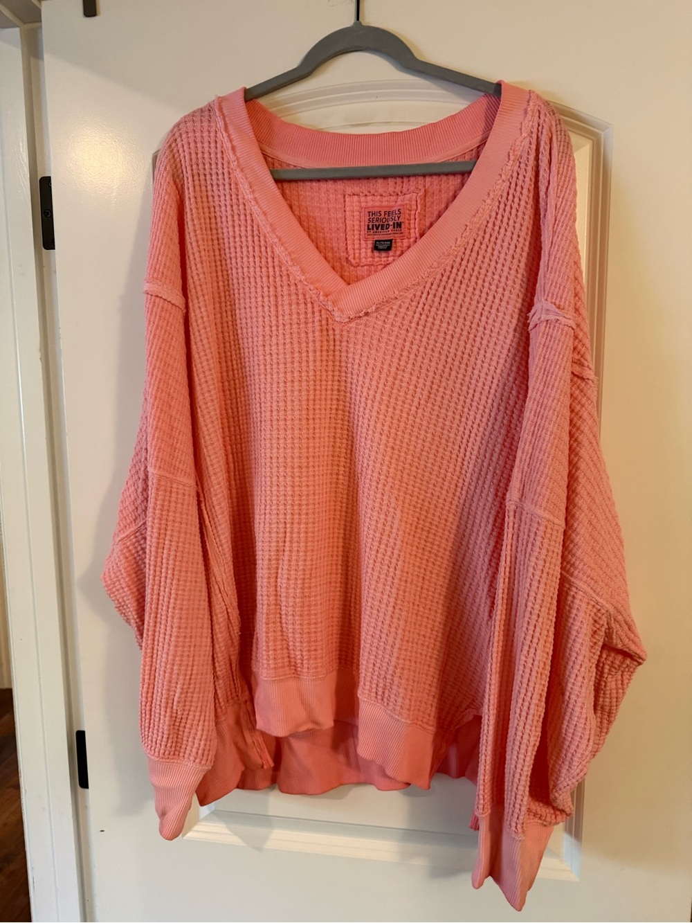 American Eagle Outfitters Pink Oversized Waffle V-Neck Sweater